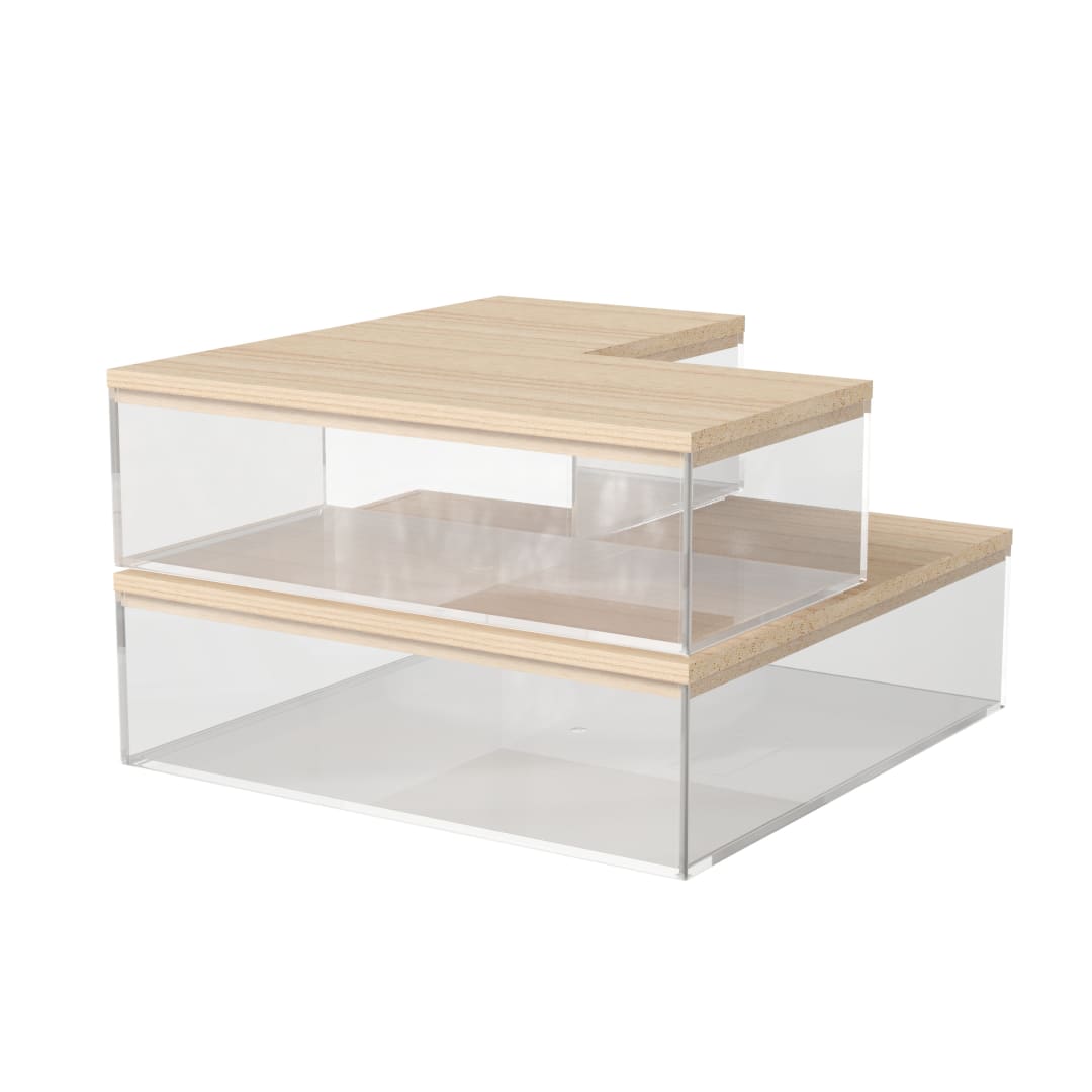Brody Clear Plastic Storage Organizer Bins with Light Natural Paulownia Wood Lids for Home Office, Kitchen, or Bathroom, 3 Pack Small/Medium/Large