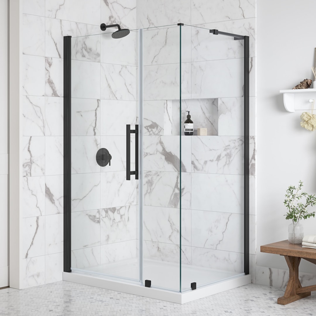 OVE Breeze Pivot 48 in. W x 36 in. D x 74 3/4 in. H Corner Frameless Pivot Shower Door Kit in Black with Base Pan