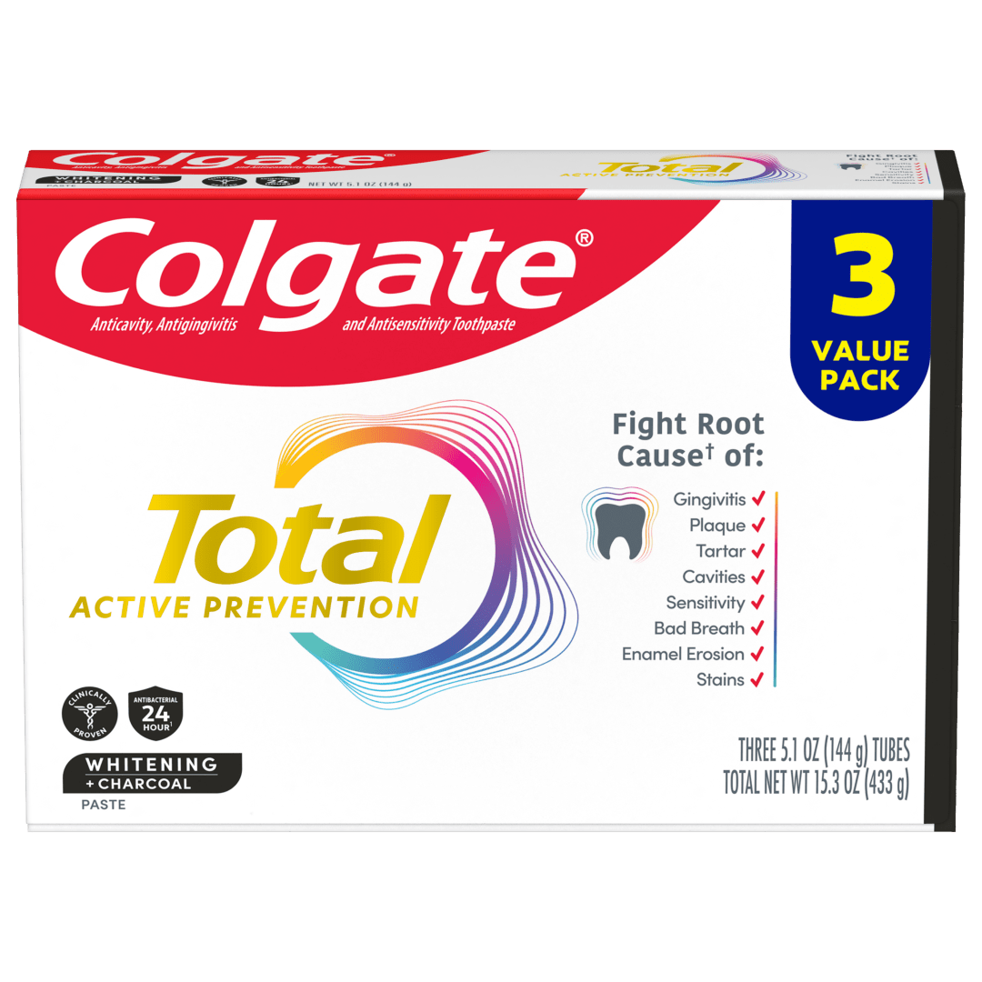 Colgate Total Active Prevention Whitening and Charcoal Toothpaste, Mint, 3 Pack, 5.1 oz