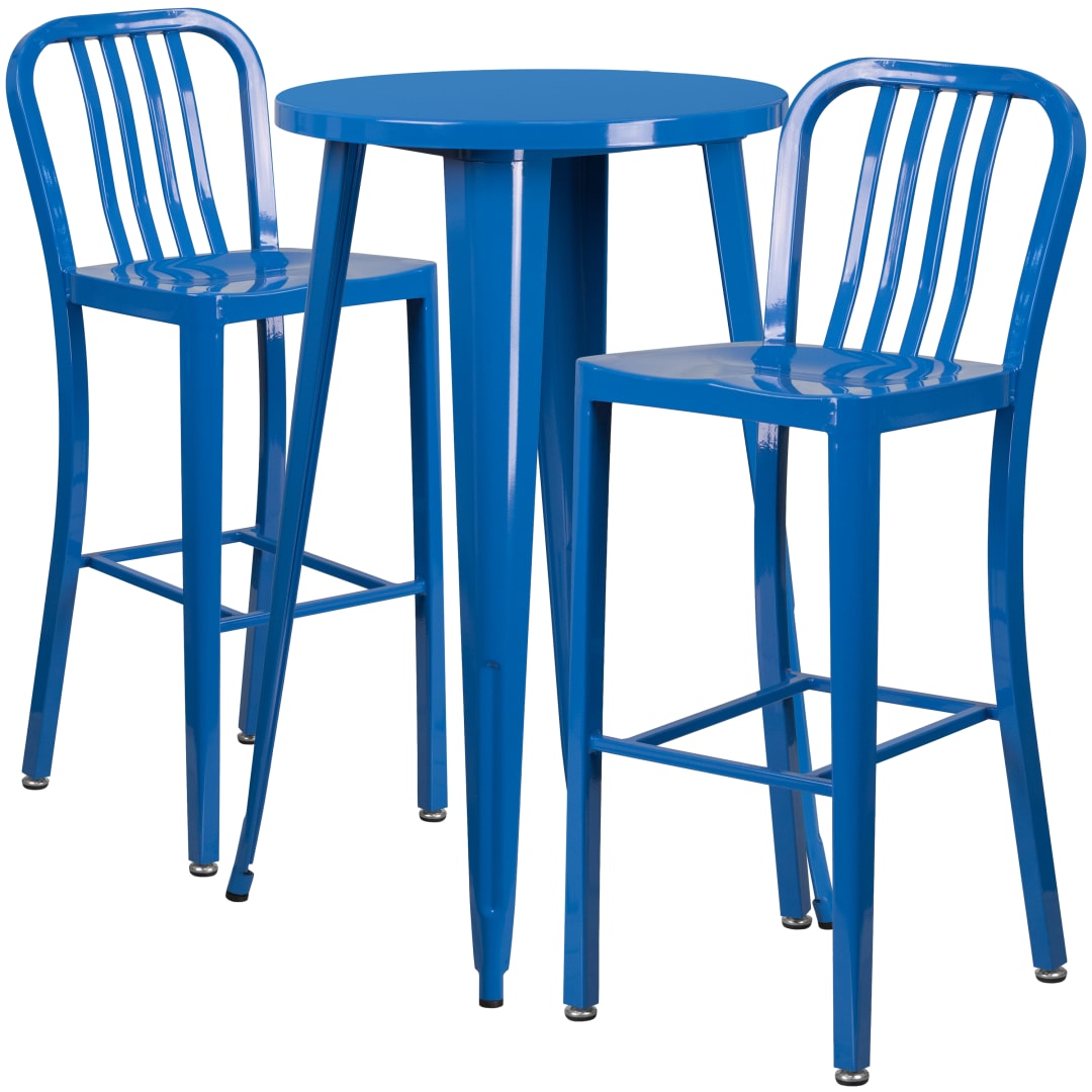 Earl Commercial Grade 24" Round Blue Metal Indoor-Outdoor Bar Table Set with 2 Vertical Slat Back Stools