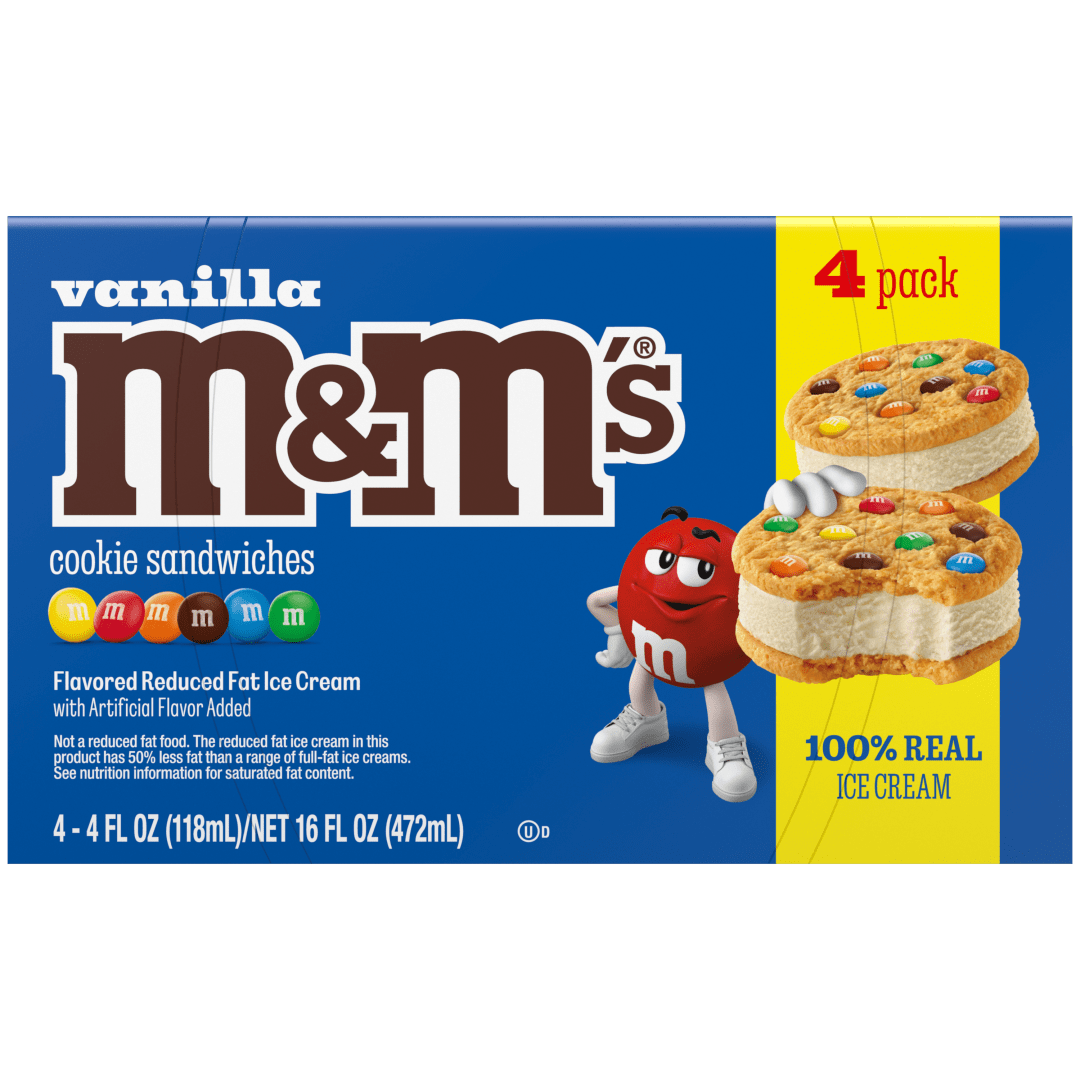 M&M'S Vanilla Ice Cream Cookie Sandwiches, Reduced Fat Vanilla Ice Cream Dessert Cookie Sandwich, 4 Pack, 4 Oz