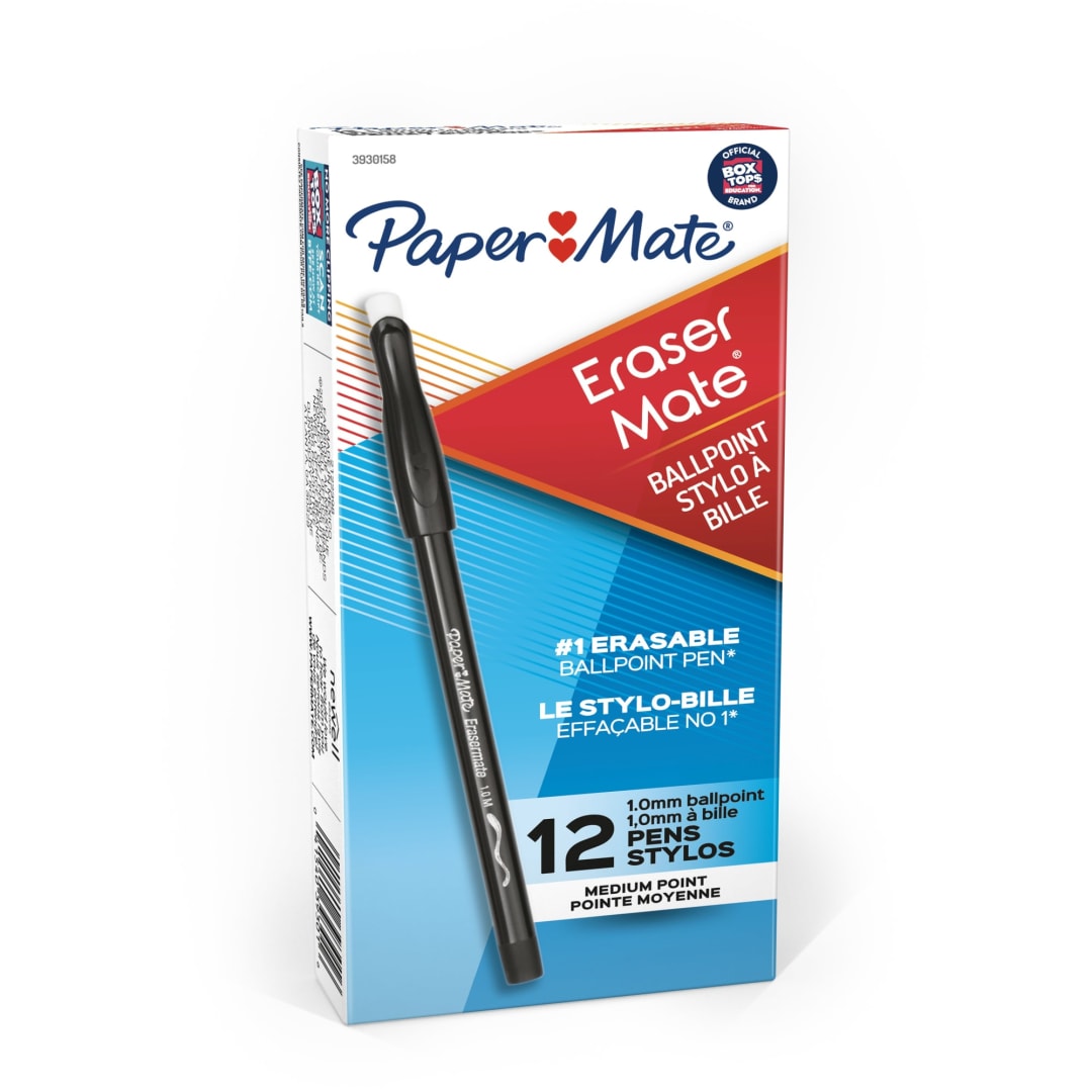 Paper Mate® EraserMate® Erasable Pen, Medium Point, Black, Box of 12