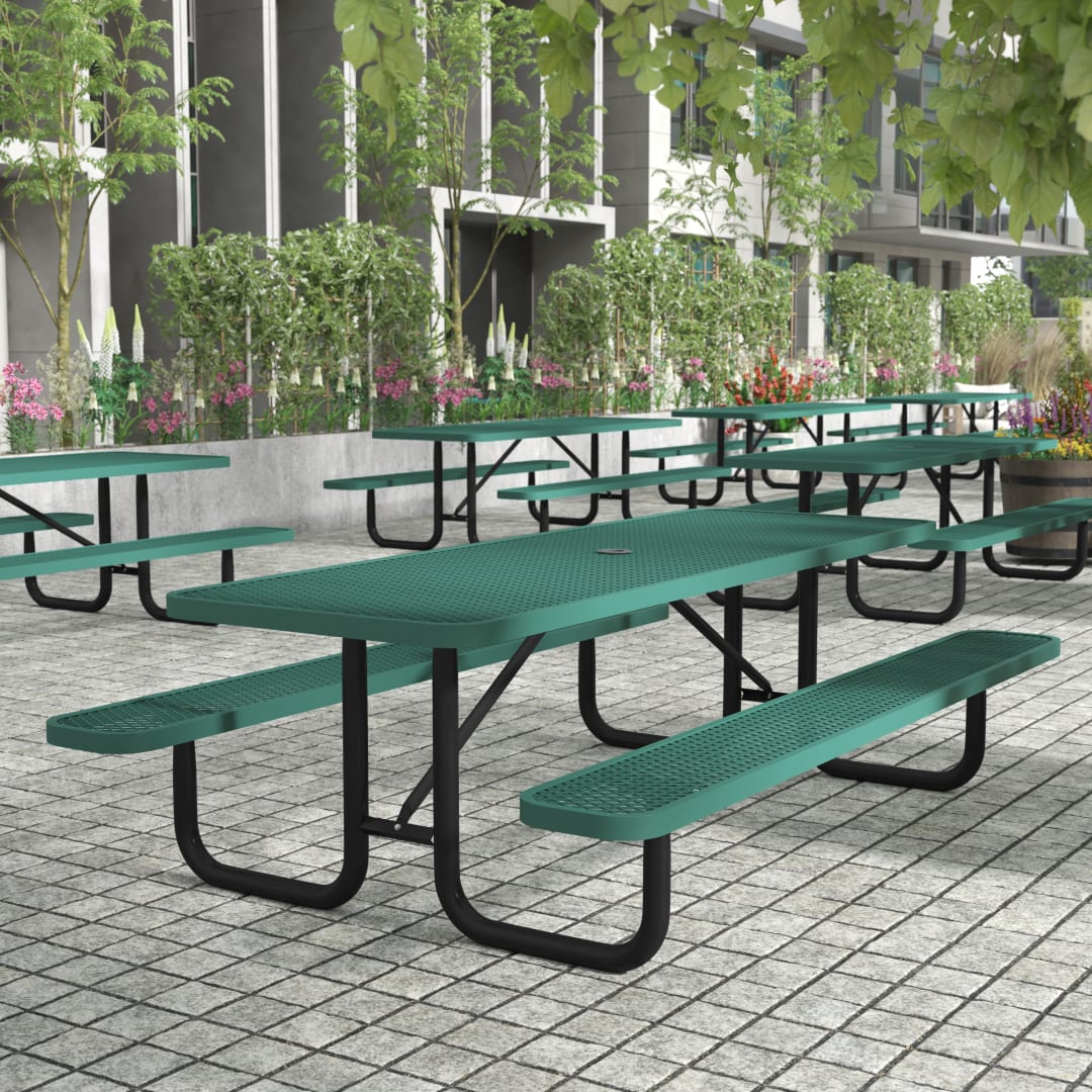 Mantilla 8' Rectangular Outdoor Picnic Table with Commercial Heavy Gauge Green Expanded Metal Mesh Top and Seats and Black Steel Frame