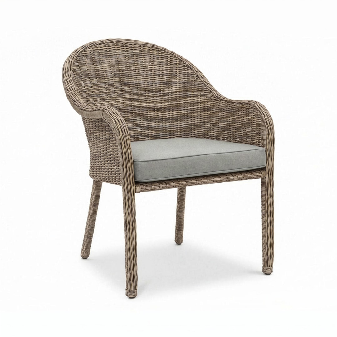 Lily Pond Indoor-Outdoor Stackable Patio Dining Armchair in Weathered Gray Rattan Wicker with Gray All-Weather Seat Cushion