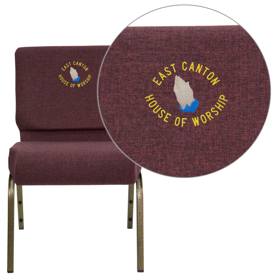 Embroidered HERCULES Series 21''W Stacking Church Chair in Plum Fabric - Gold Vein Frame