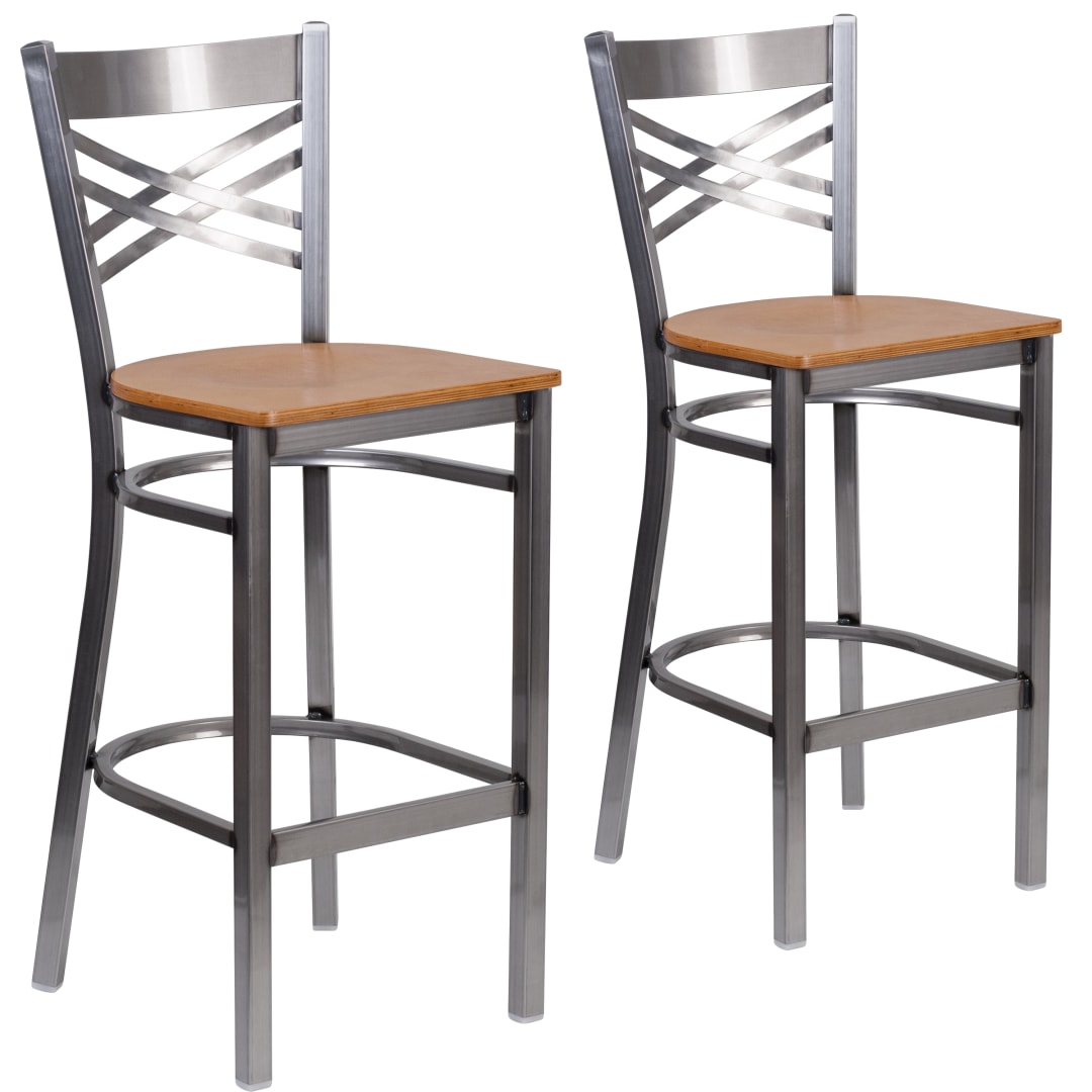 2 Pk. HERCULES Series Silver Antique Finish with Clear Coat ''X'' Back Metal Restaurant Barstool - Natural Wood Seat