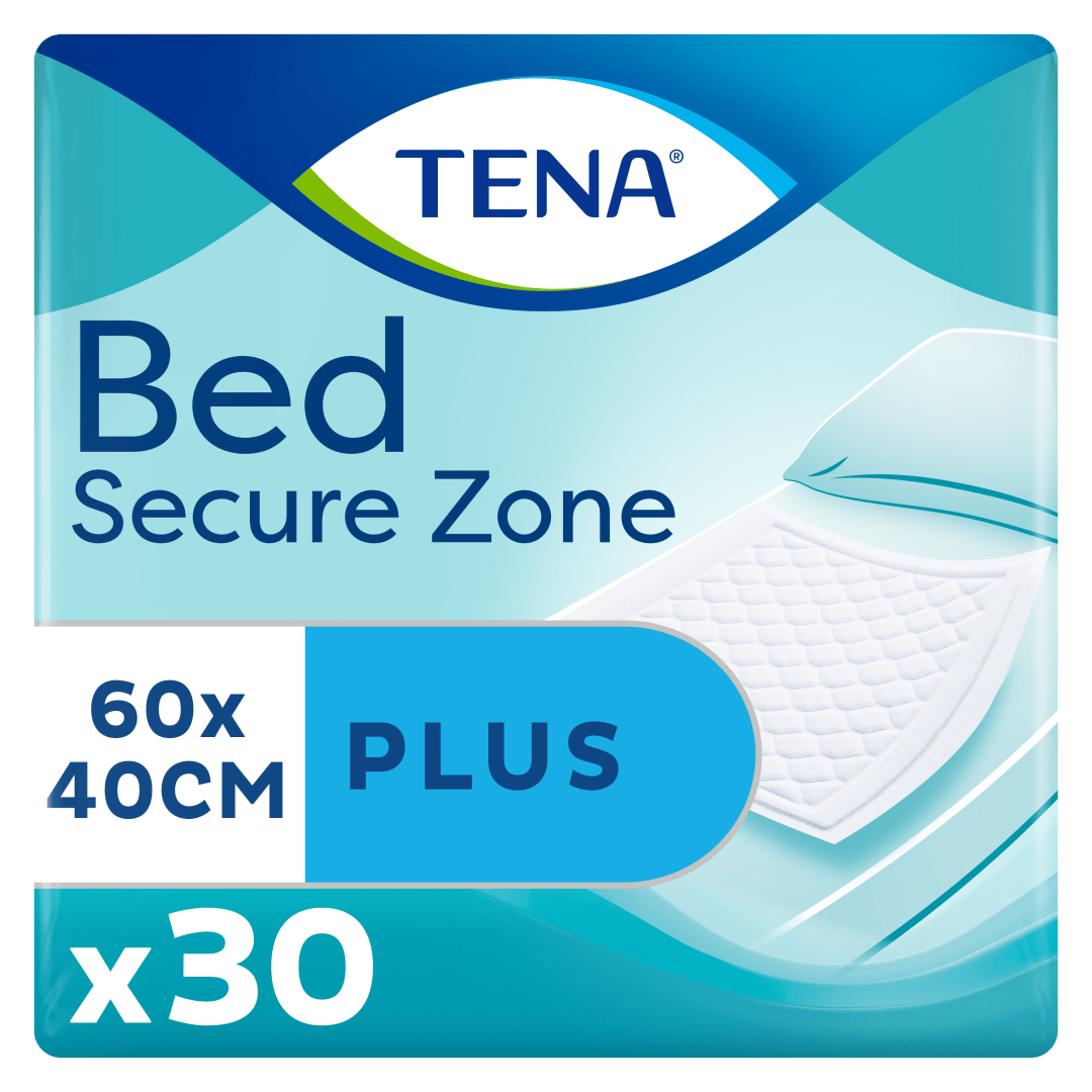 TENA Bed Secure Zone Plus – Incontinence Bed Pads for Mattresses, Chairs &amp; Wheelchairs, Secure Zone Pattern with Super-Absorbent Micro Beads, Dermatologically Tested -  60 cm x 40 cm, Pack of 30