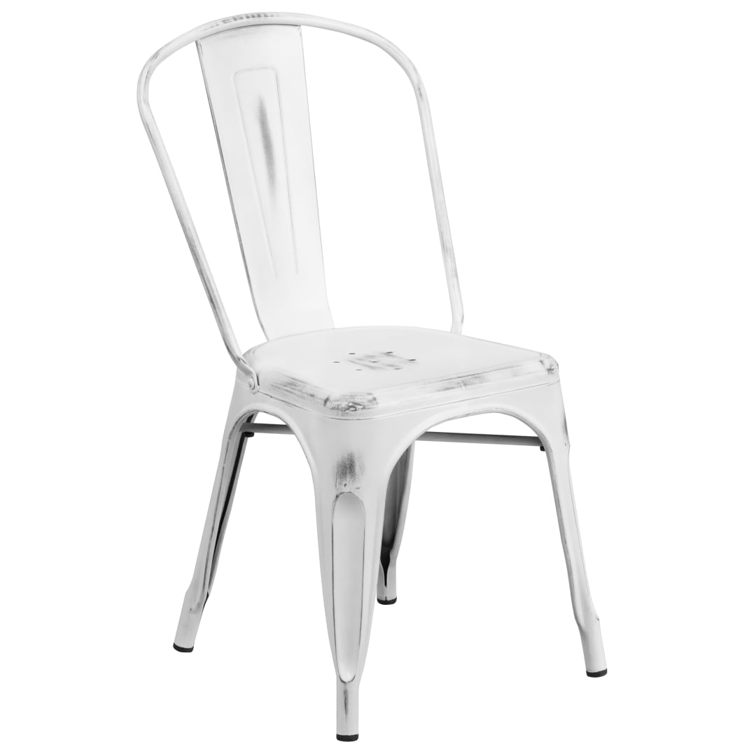 Tenley Commercial Grade Distressed White Metal Indoor-Outdoor Stackable Chair