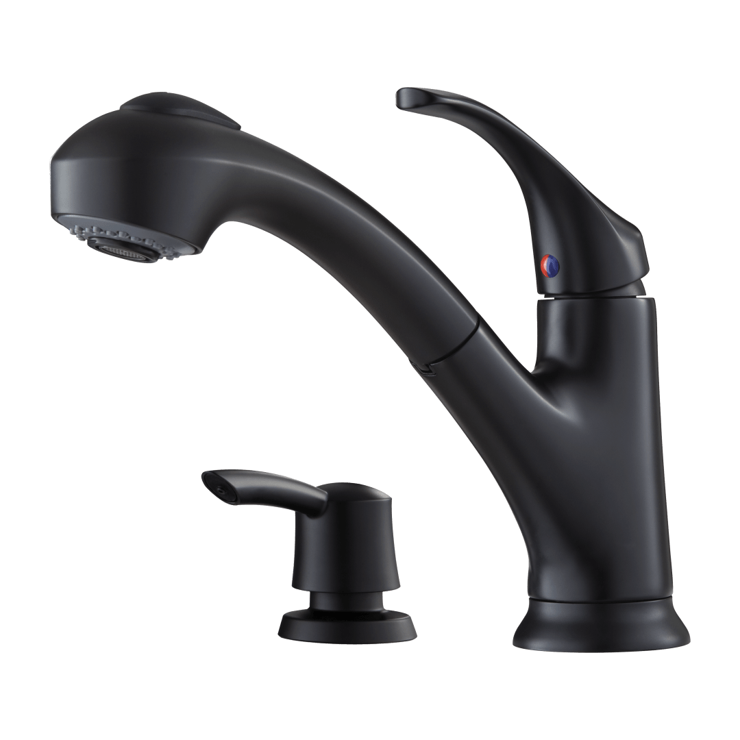 Shelton 1-Handle Pull-Out Kitchen Faucet with Soap Dispenser in Matte Black