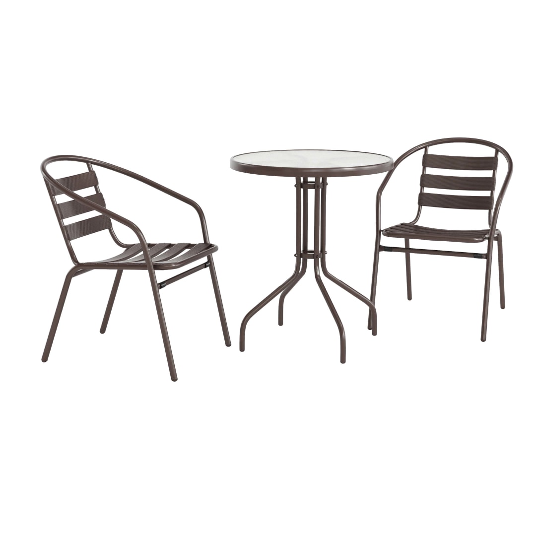 Lila 23.75'' Round Glass Top Metal Table with 2 Bronze Aluminum Slat Stack Chairs