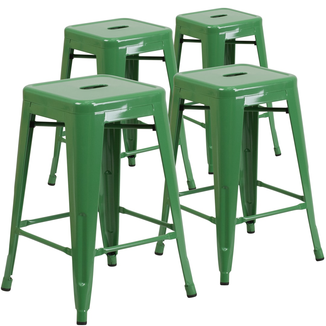Lily 4 Pack Commercial Grade 24" High Backless Green Metal Indoor-Outdoor Counter Height Stool with Square Seat