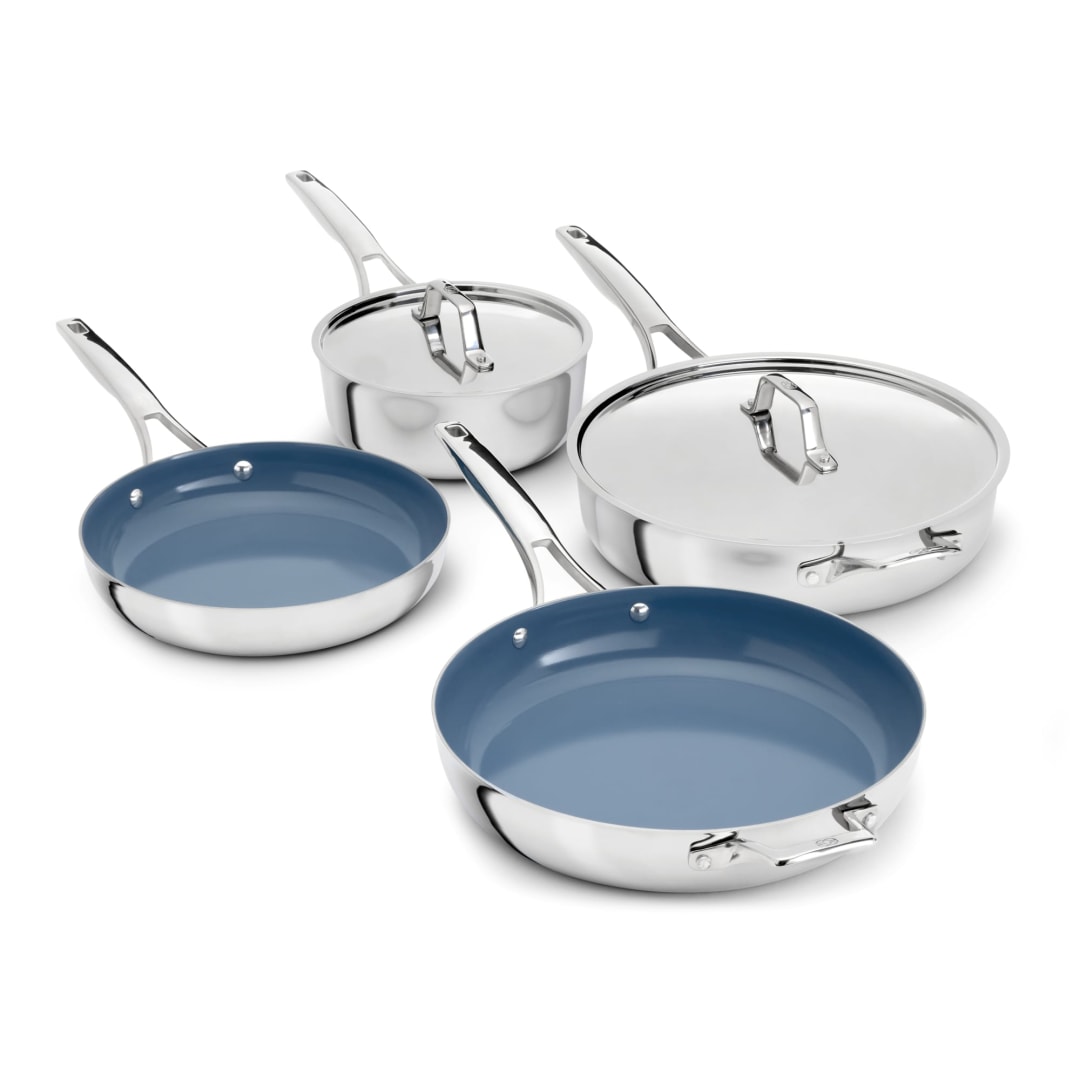 Calphalon Premier Ceramic Nonstick 6 Piece Stainless Steel Cookware Set, Induction Ready Pots and Pans for Everyday Cooking, Durable PFAS-Free Kitchen Set, Dishwasher Safe, Macaron