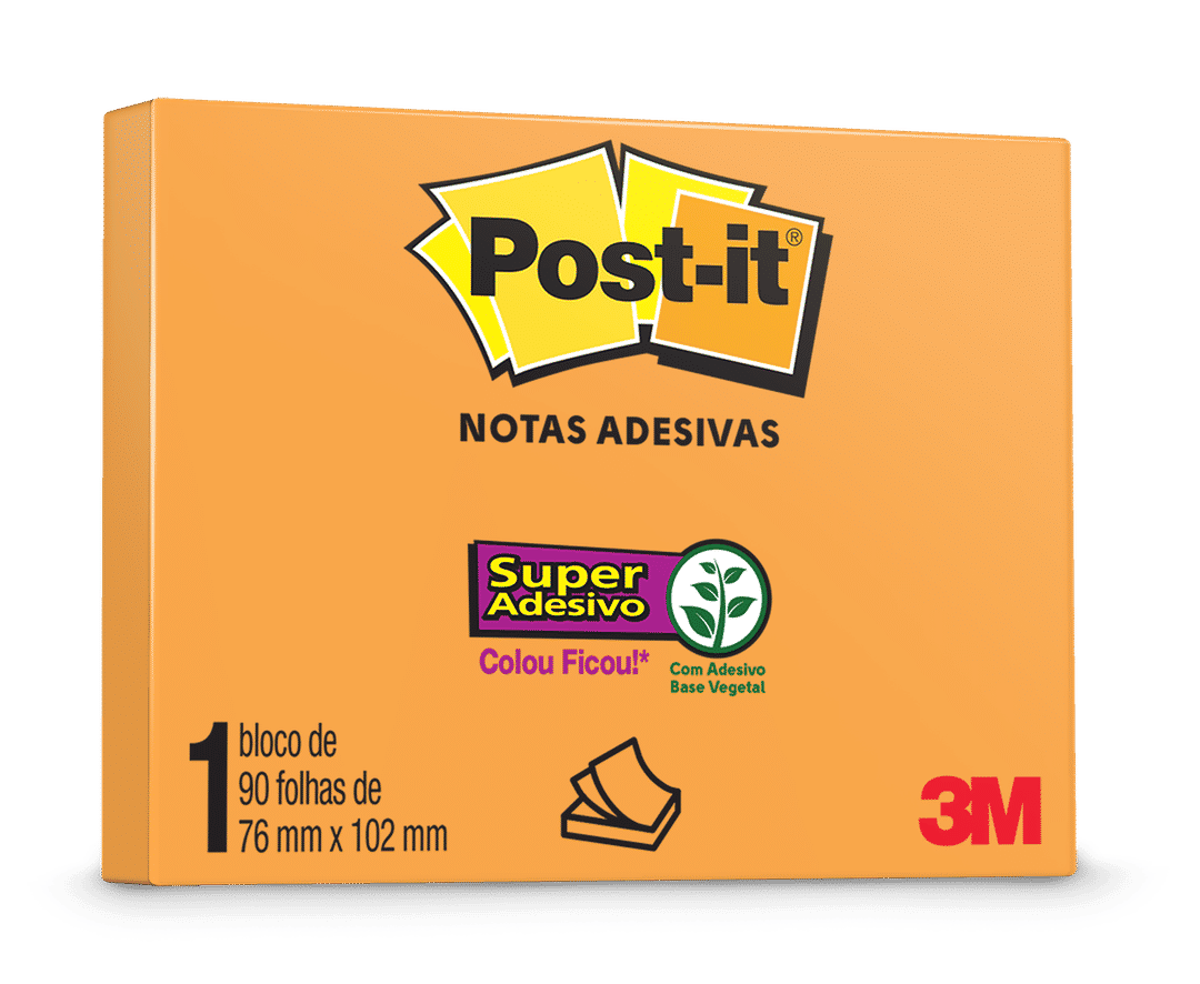 Bloco de Notas Adesivas Post-it®, Laranja Neon, 76 mm x 102 mm, 90 Folhas