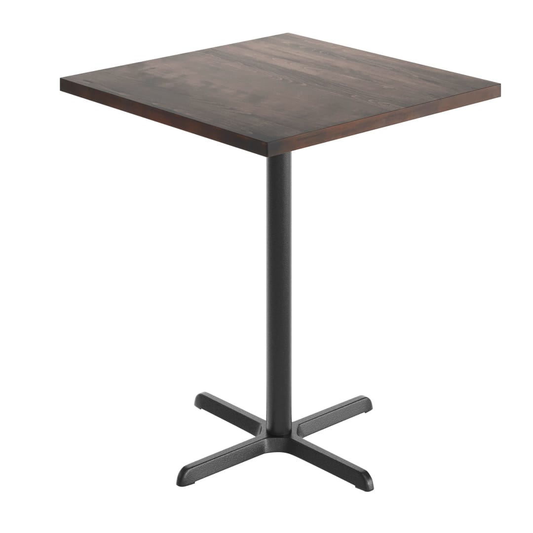 Bennett 36" Square Solid Wood Commercial Indoor Tabletop in Dark Brown with 30" x 30" Bar Height Rust-Resistant Black Cast Iron X-Base