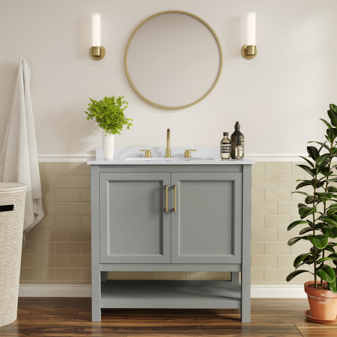 Vega 36" Bathroom Vanity with Sink, Storage Cabinet with Gold Hardware, Soft Close Doors &amp; Open Shelf, Carrara Marble Finish Countertop, Gray/White
