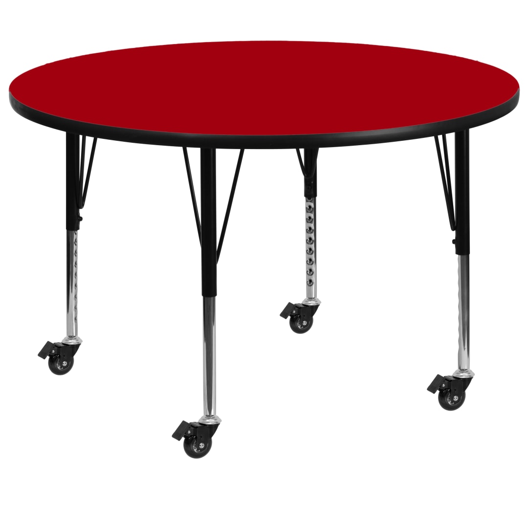 Wren Mobile 42'' Round Red Thermal Laminate Activity Table - Height Adjustable Short Legs