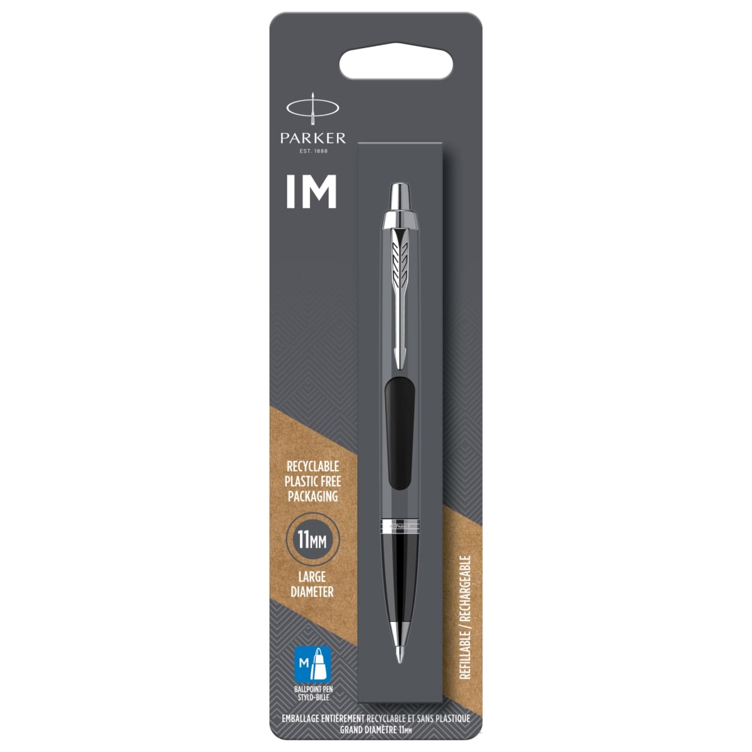 Parker IM Ballpoint Pen, Black Lacquer with Chrome Trim, Medium Point, Blue Ink, Blister Pack