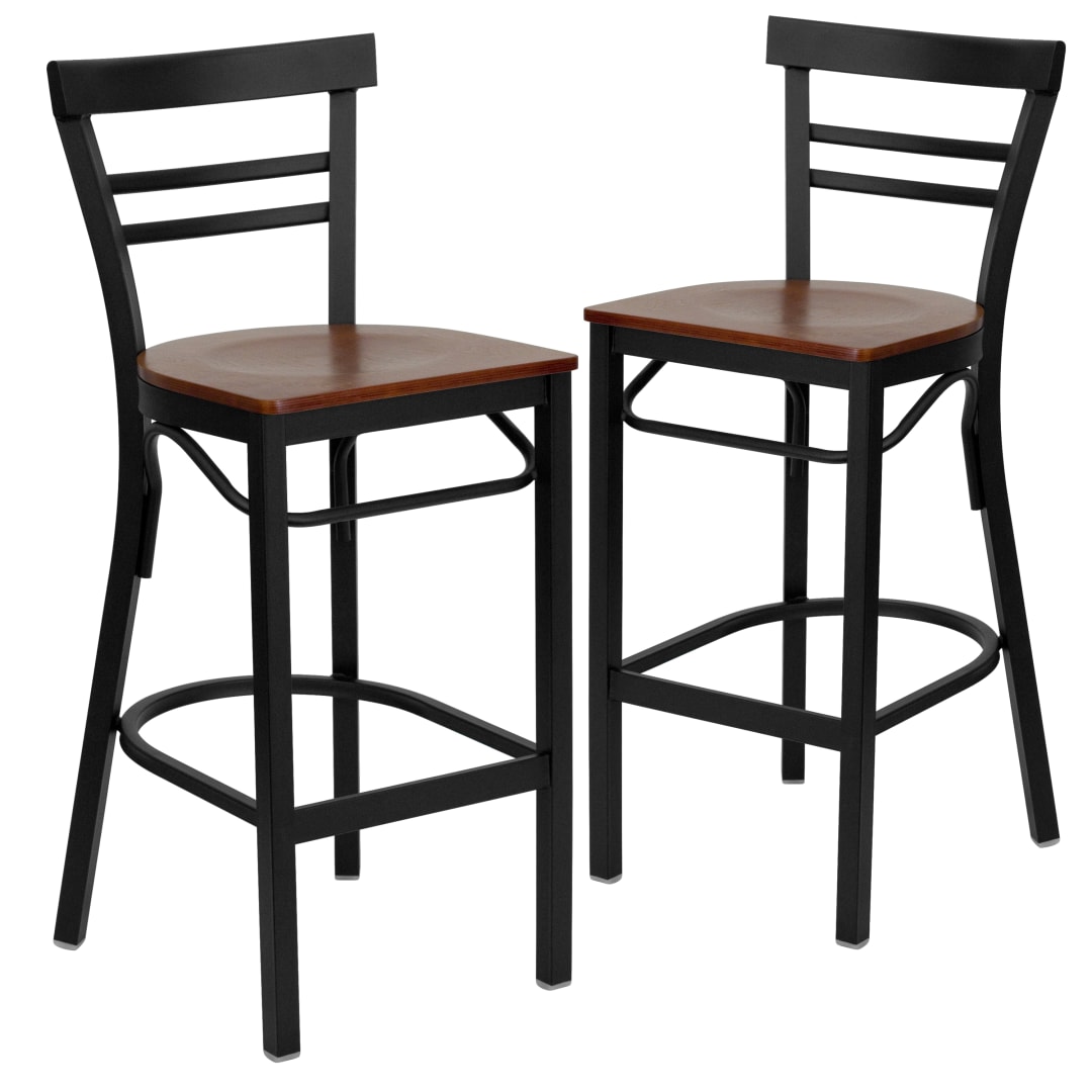 2 Pk. HERCULES Series Black Two-Slat Ladder Back Metal Restaurant Barstool - Cherry Wood Seat