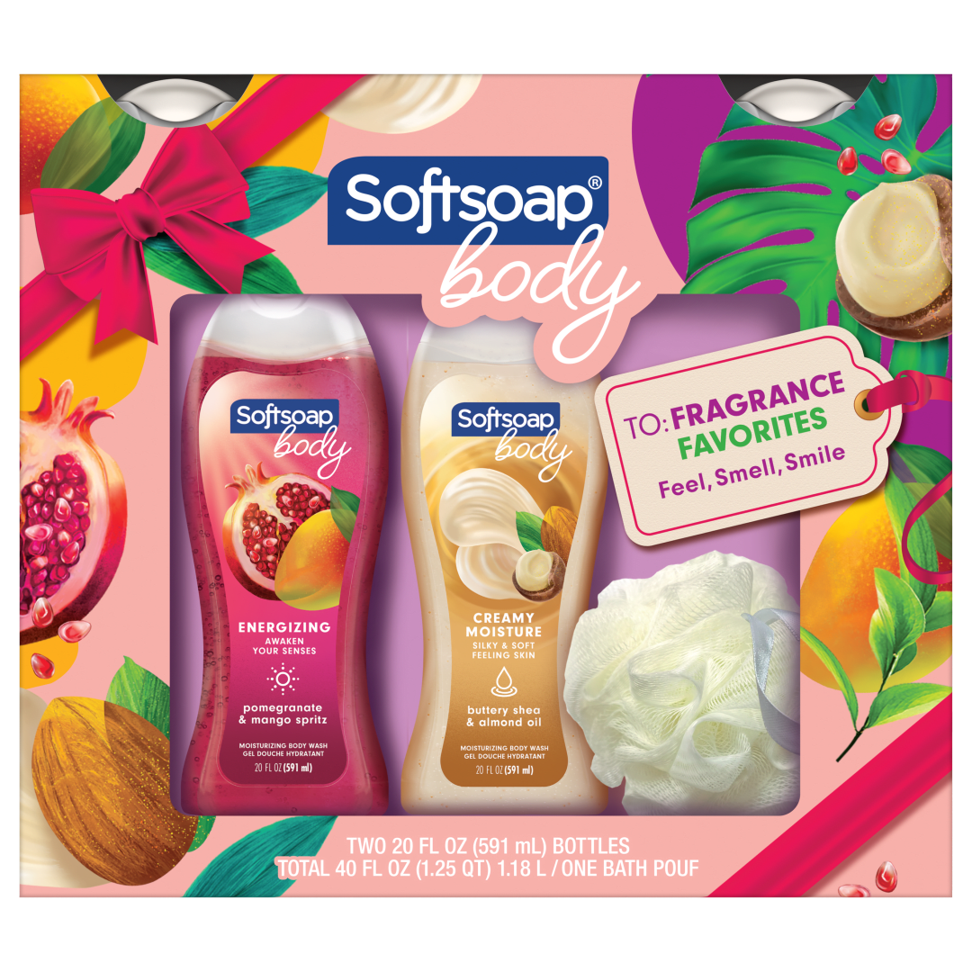 Softsoap Body Wash Gift Set, Pomegranate & Mango Spritz scent and Buttery Shea & Almond Oil scent, 2 - 20 oz Bottles + Pouf