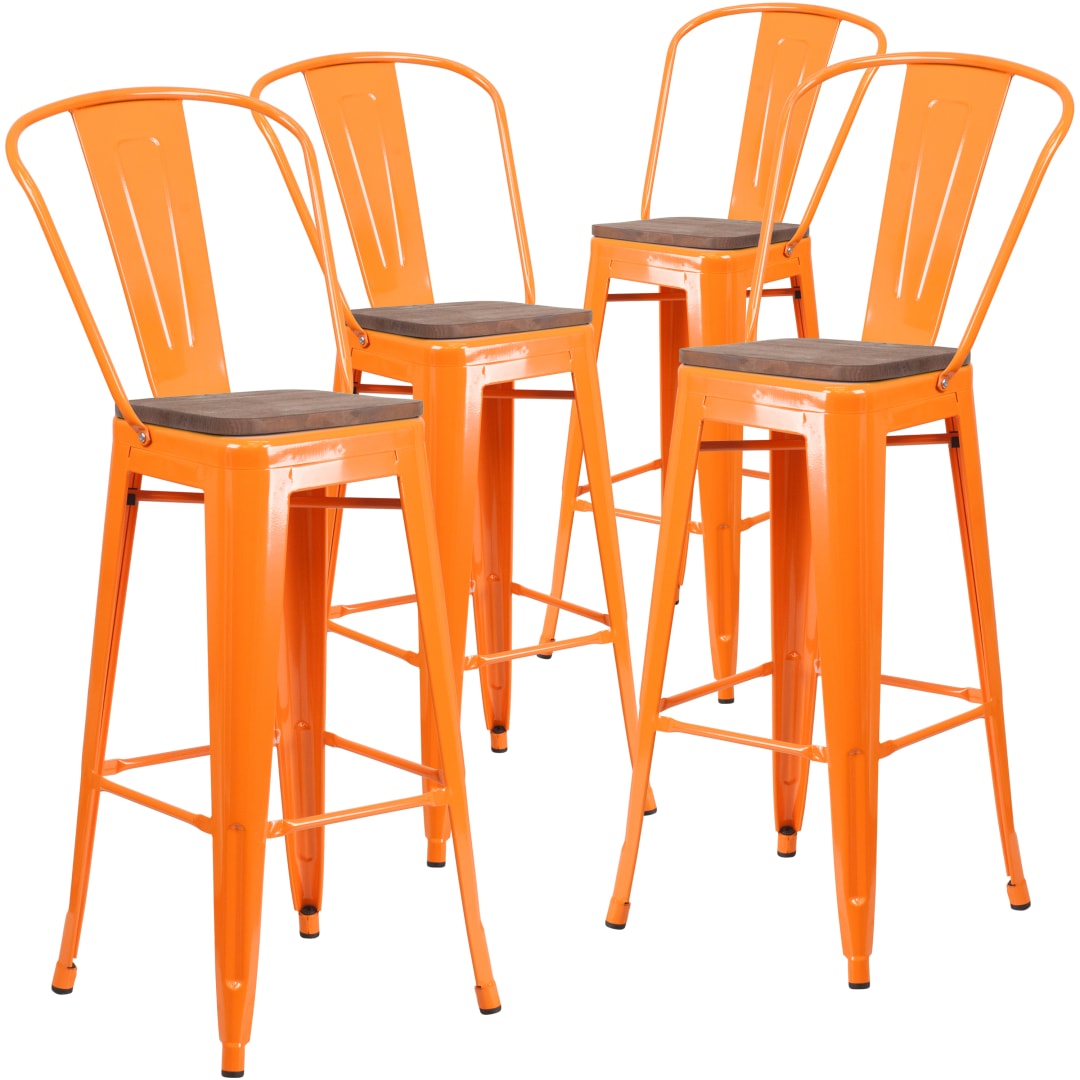 Lily 4 Pk. 30" High Orange Metal Barstool with Back and Wood Seat