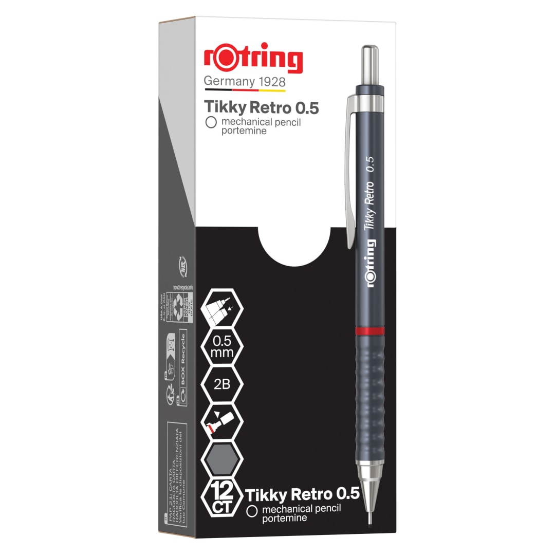 rOtring Tikky Retro Portaminas | 2B 0,5 mm | Cuerpo gris | Cómodo agarre ondulado | 12 unidades