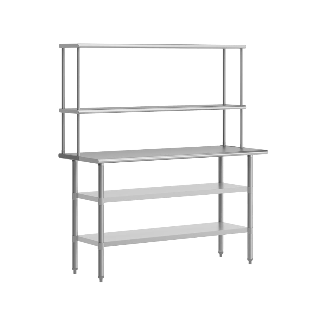 Reese Portable Prep and Work Table with NSF Certified 18 Gauge Stainless Steel Top Shelf and Double Overshelves, 2 Galvanized Steel Undershelves