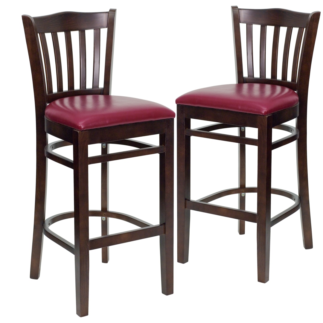 2 Pk. HERCULES Series Vertical Slat Back Walnut Wood Restaurant Barstool - Burgundy Vinyl Seat