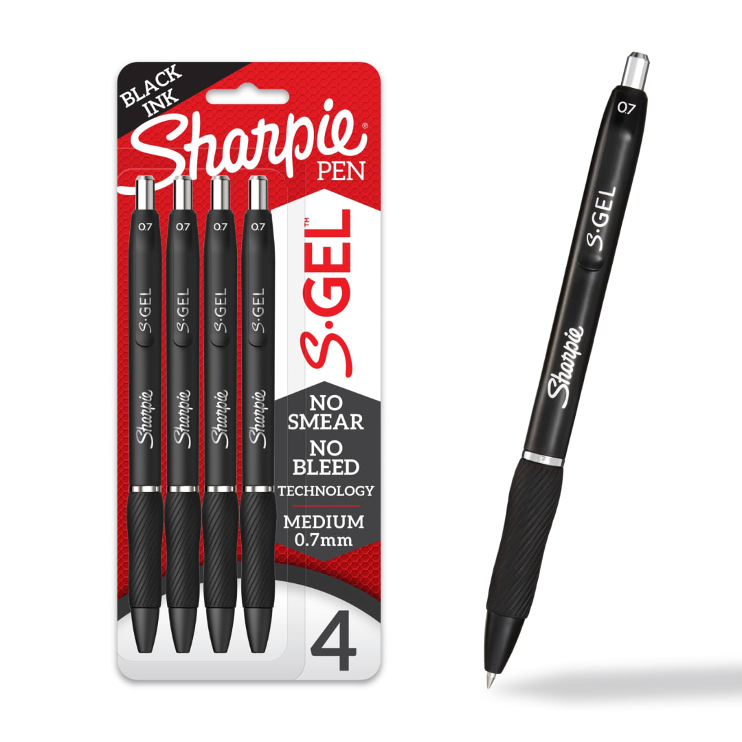 Sharpie® S-Gel, Gel Pens, Medium Point (0.7mm), Black Ink Gel Pen, 4 Count