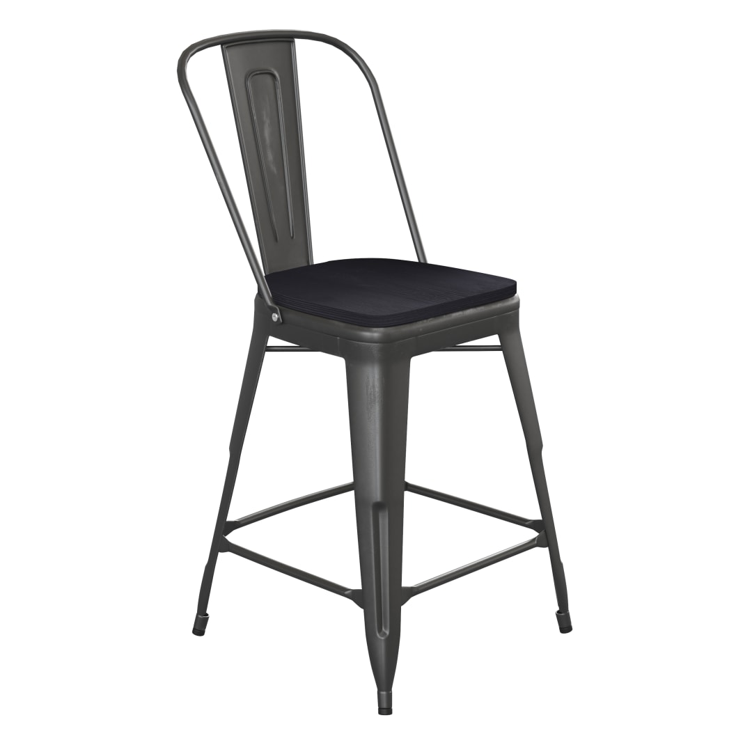 Carly Commercial Grade 24" High Black Metal Indoor-Outdoor Counter Height Stool with Back with Black Poly Resin Wood Seat