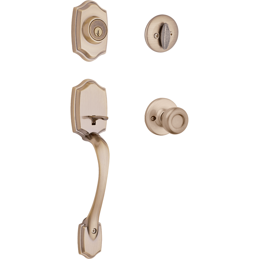 Belleview Single Cylinder Handleset w/Tylo Knob featuring SmartKey Security™ in Antique Brass