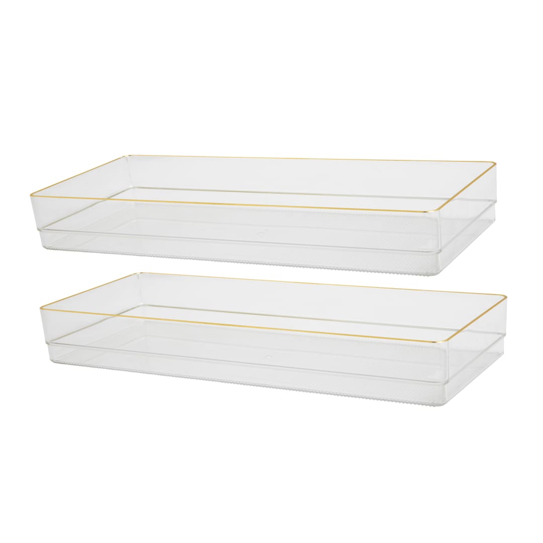 Kerry 2 Pack Plastic Stackable Office Desk Drawer Organizers with Gold Trim, 15" x 6"