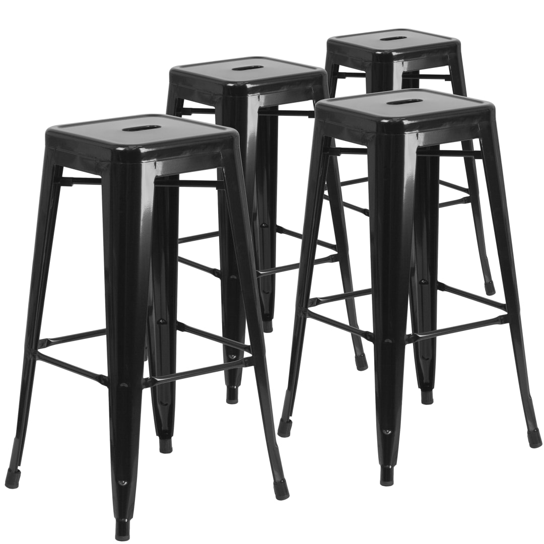 Lily 4 Pack Commercial Grade 30" High Backless Black Metal Indoor-Outdoor Barstool with Square Seat