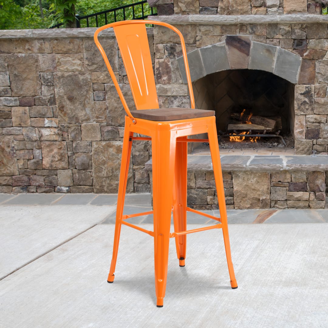Lily 30" High Orange Metal Barstool with Back and Wood Seat