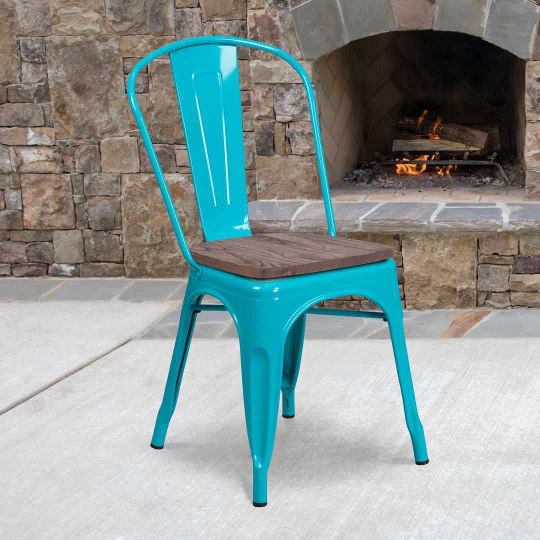 Tenley Crystal Teal-Blue Metal Stackable Chair with Wood Seat