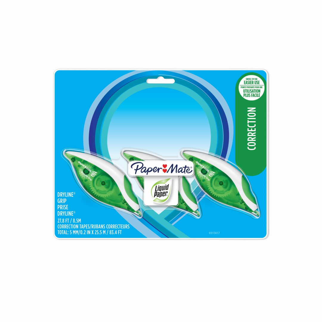 Paper Mate® Liquid Paper DryLine Grip Correction Tape, 3Pk
