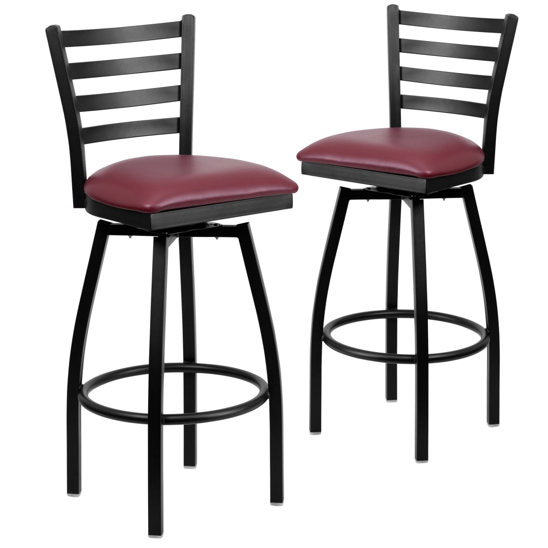 2 Pack HERCULES Series Black Ladder Back Swivel Metal Barstool - Burgundy Vinyl Seat