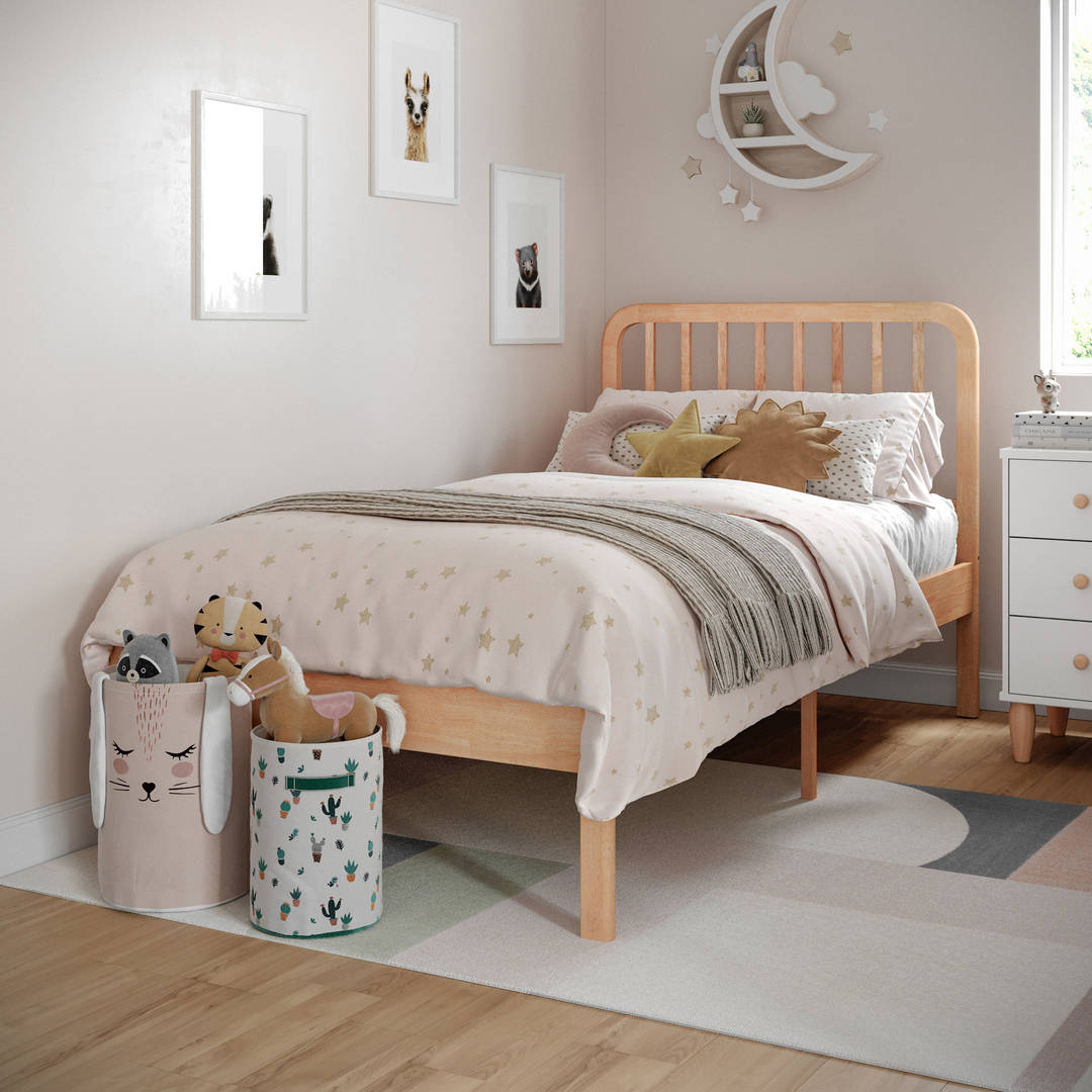 Twin Platform Bed Frame with Wood Slat Headboard and Foundation in Natural