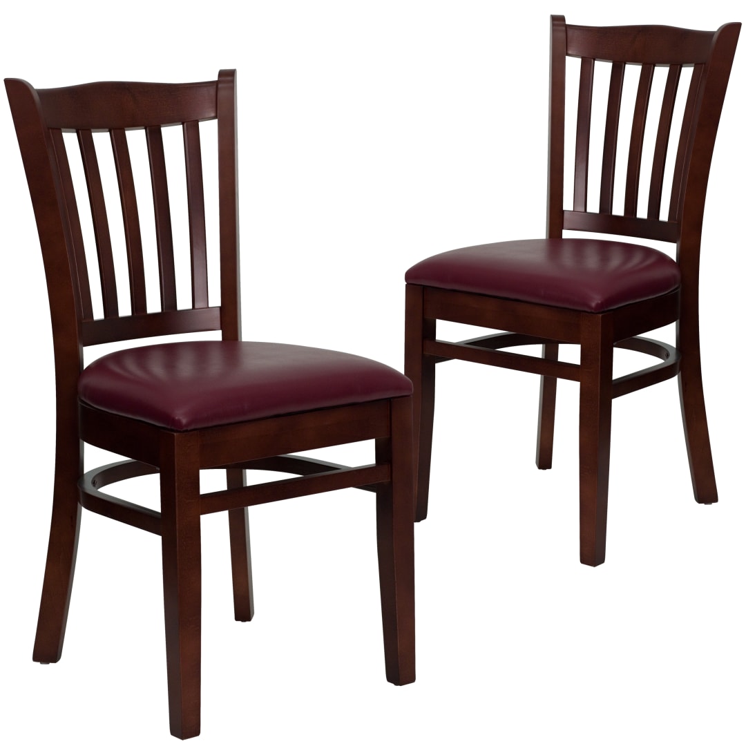 2 Pk. HERCULES Series Vertical Slat Back Mahogany Wood Restaurant Chair - Burgundy Vinyl Seat