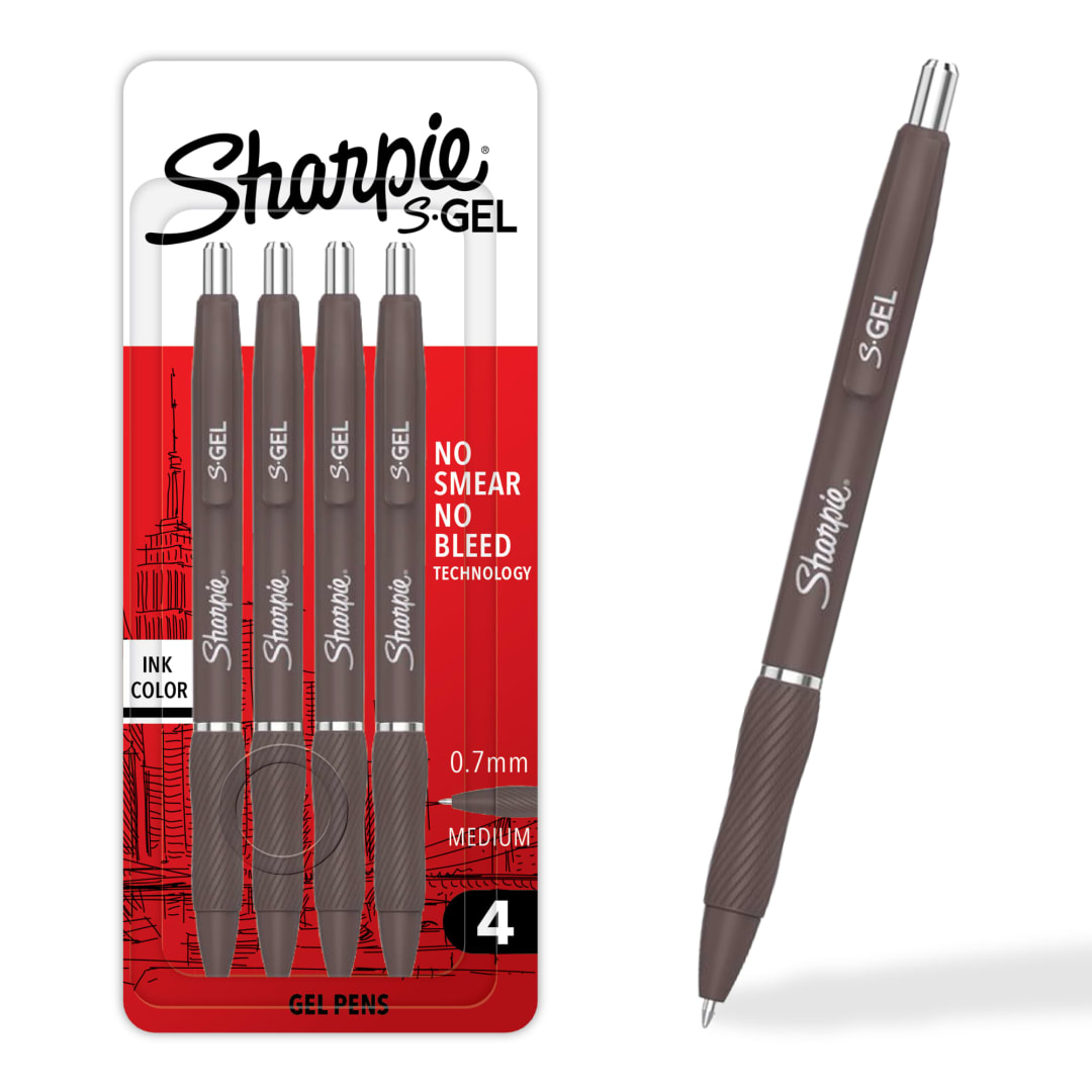 Sharpie S-Gel, Gel Pens, Medium Point (0.7mm), Espresso Barrel, Black Ink, 4 Count