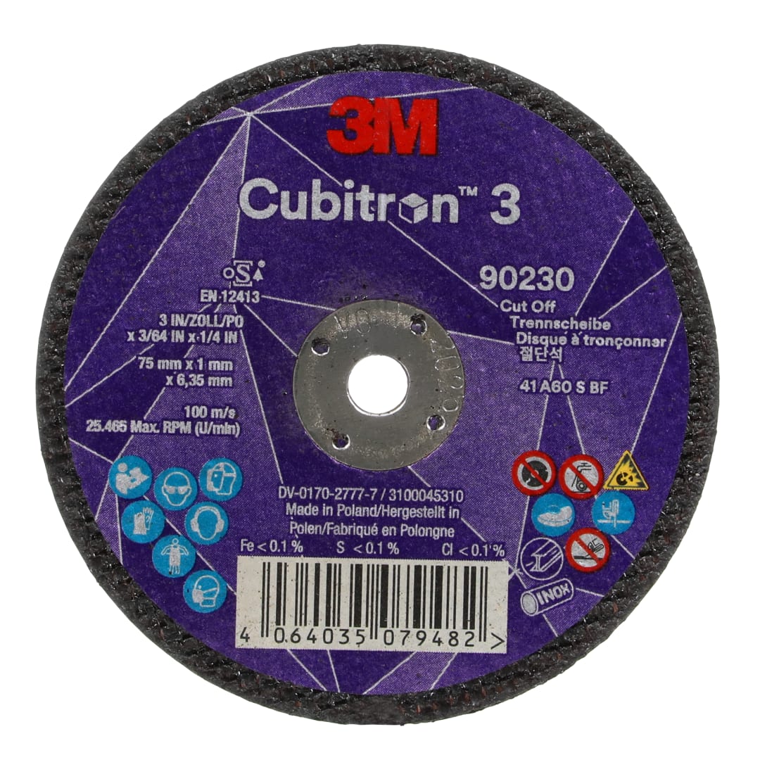 3M™ Cubitron™ 3 Kesme Taşı, 90230, 60+, T41, 75 mm x 1 mm x 6,35 mm, EN, 25/Paket, 50 adet/Kutu