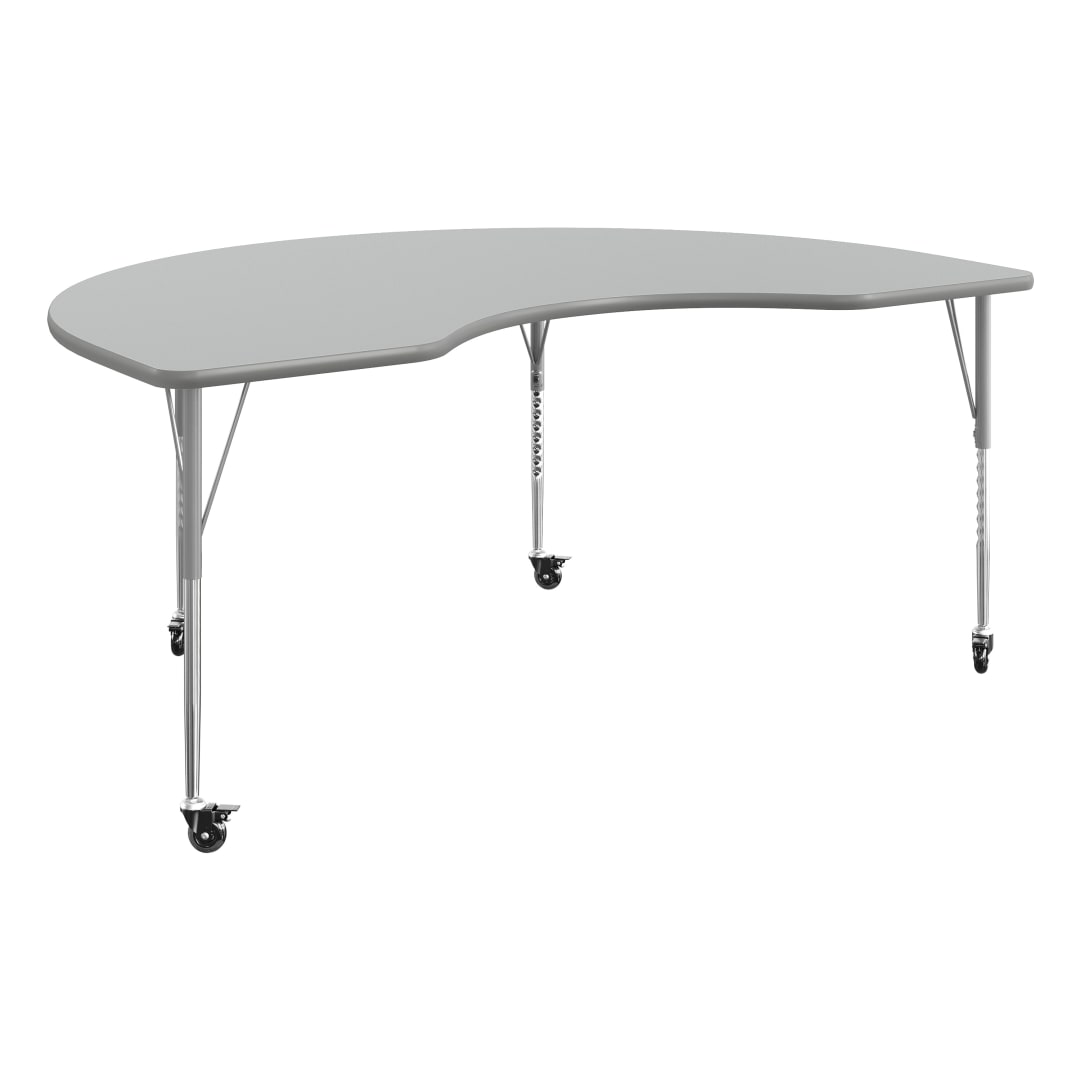 Wren 72" x 48" Kidney Adjustable Height Activity Table, Thermal Laminate Top, Standard Legs with Locking Casters, Gray