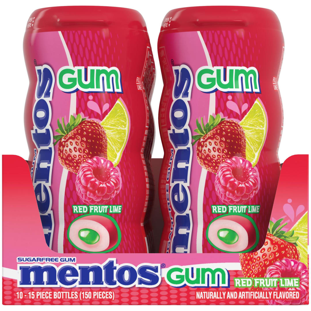 Mentos Gum Sugar Free Chewing Gum Red Fruit Lime 15 pc Pocket Bottles - 10 Pack