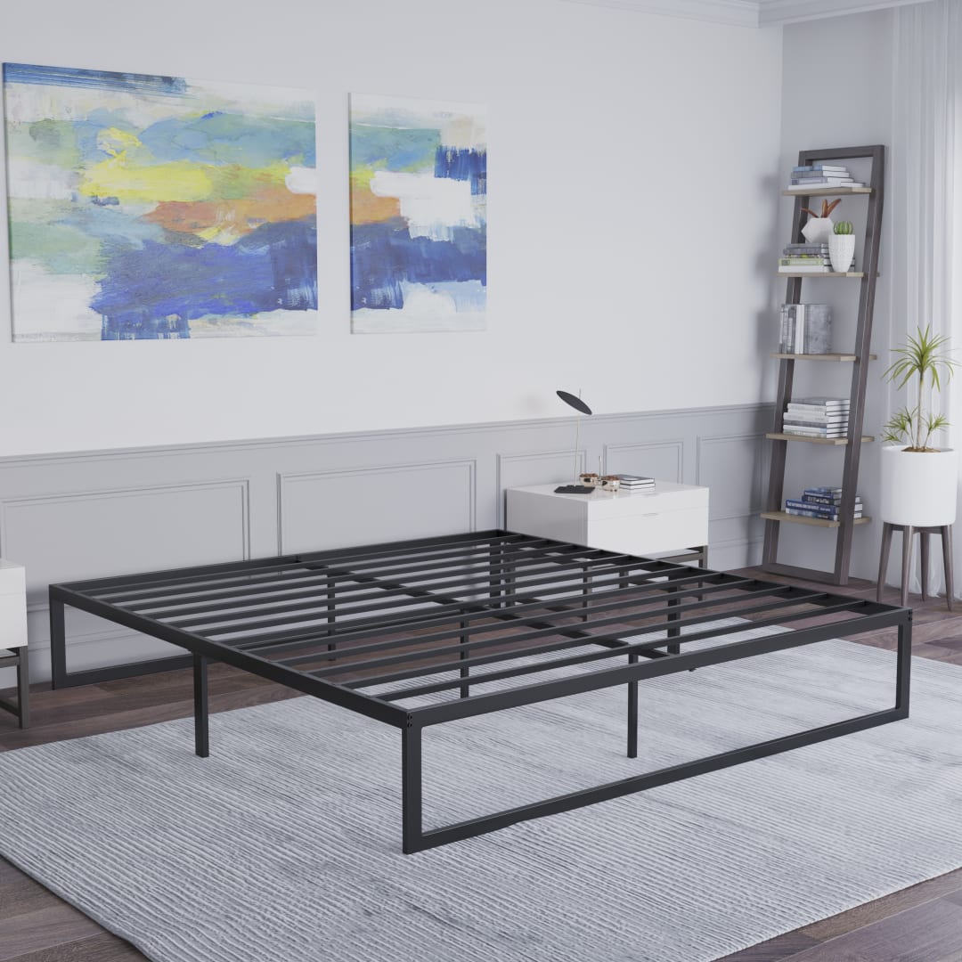 Bentley Universal 14 Inch Metal Platform Bed Frame - No Box Spring Needed w/ Steel Slat Support and Quick Lock Functionality - King