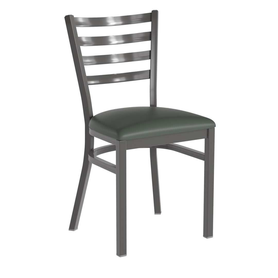 HERCULES Silver Antique Finish with Clear Coat Ladder Back Metal Restaurant Chair - Green Vinyl Seat