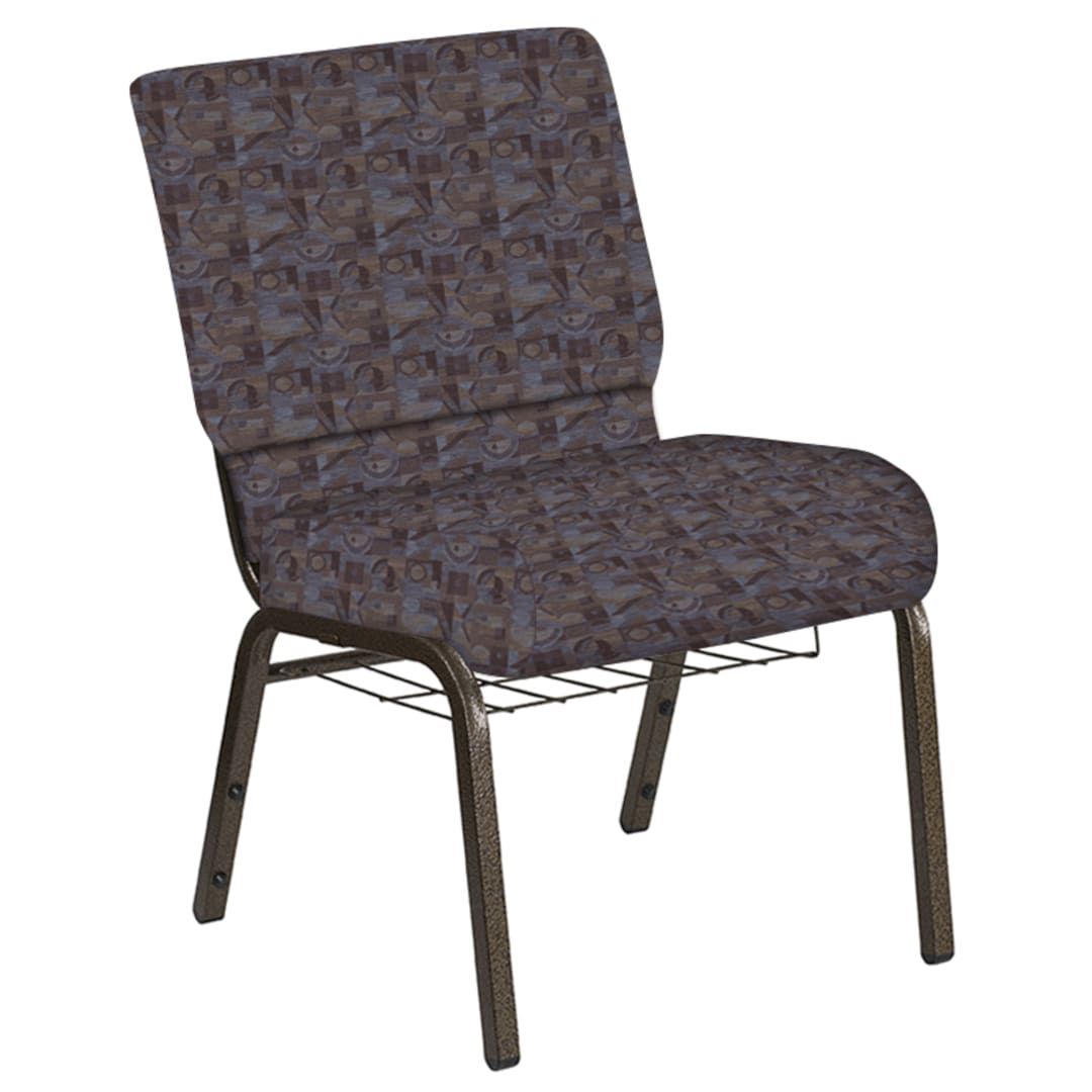 21''W Church Chair in Perplex Azure Fabric with Book Rack - Gold Vein Frame
