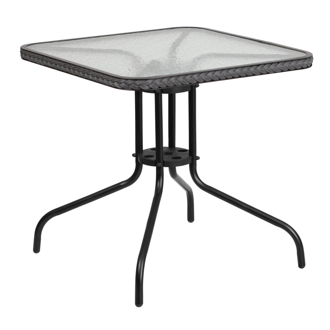 Barker 28'' Square Tempered Glass Metal Table with Gray Rattan Edging