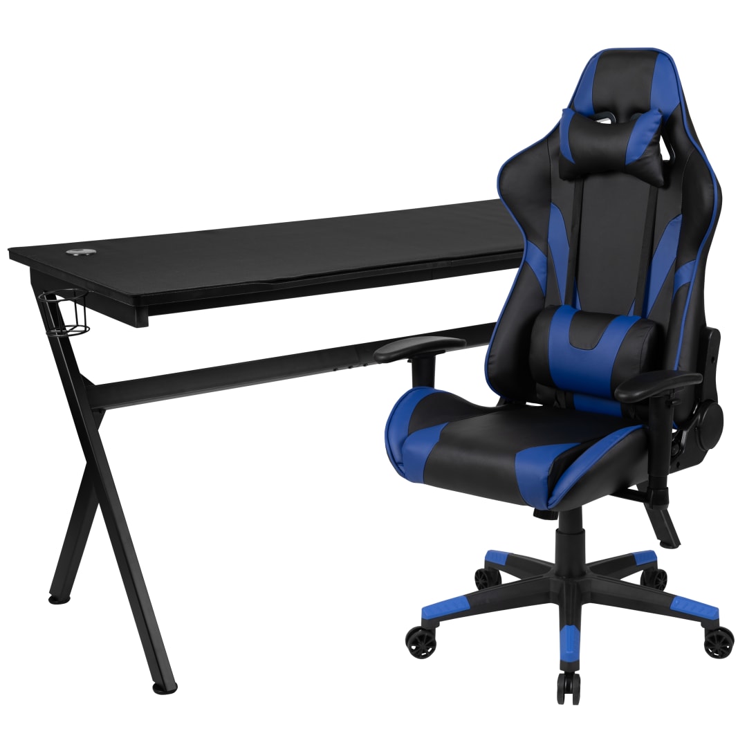 Optis Gaming Desk and Blue/Black Reclining Gaming Chair Set /Cup Holder/Headphone Hook/Removable Mouse Pad Top - Wire Management