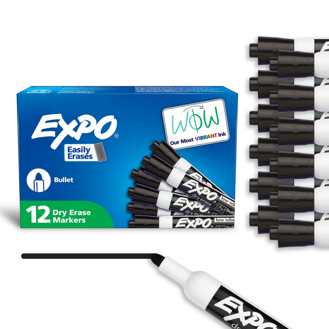 EXPO Dry Erase Markers, Low Odor Ink, Black, Bullet Tip, 12 Count