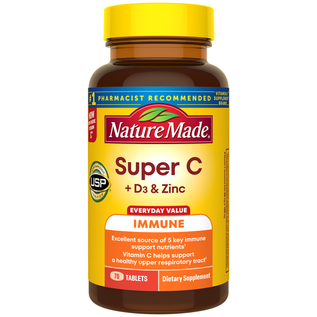 Nature Made Super C Tablets with Vitamin D3 and Zinc, Adult Vitamin C 1000mg Immune Support Supplement, 70 Tablets for Daily Immune Support, 70 Day Supply