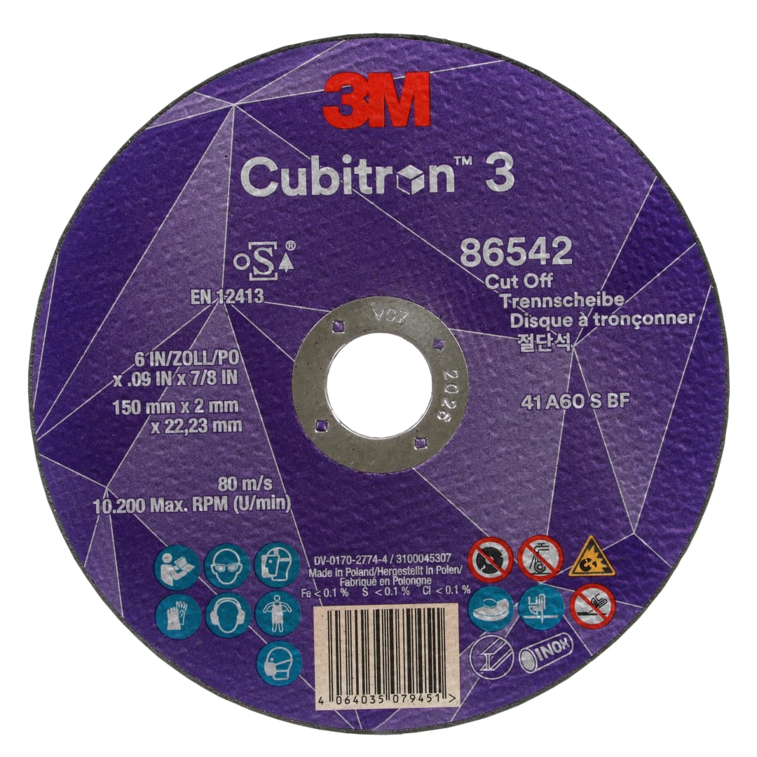 3M™ Cubitron™ 3 Kesme Taşı, 86542, 60+, T41, 150 mm x 2 mm x 22,23 mm, EN, 25/Paket, 50 adet/Kutu